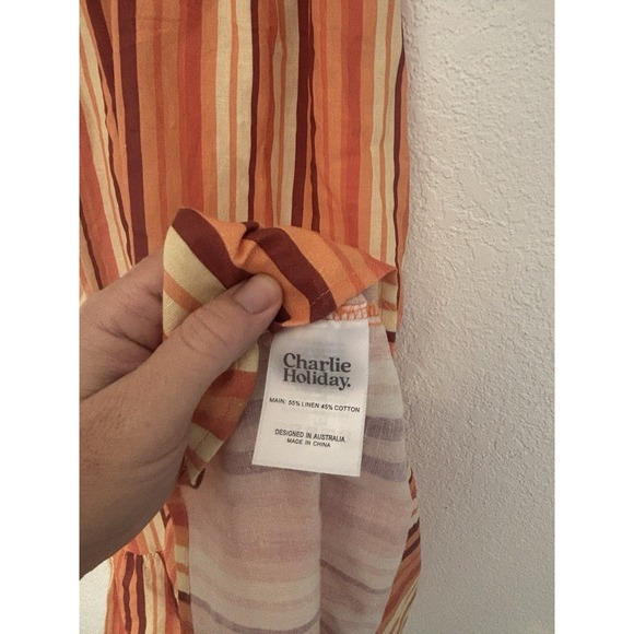 NWOT‎ Charlie Holiday Coastal Midi Dress Linen Blend Orange Stripes Women's 4 - Picture 6 of 13